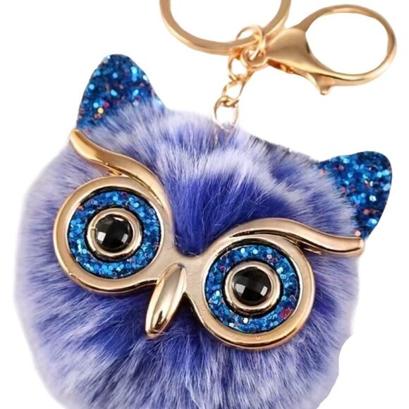 Fluffy Owl Pom Keychain Charm White Blue Gold - Picture 1 of 2